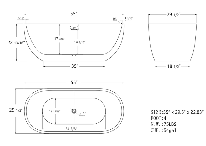 55"x29" Freestanding Black Oval Soaking Tub for Bathroom - Modland