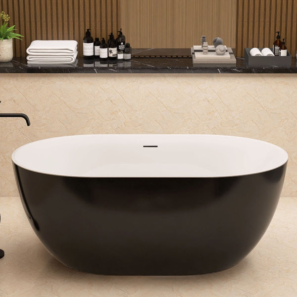 59"x29" Acrylic Bathtub Free Standing Tub Oval Shape Soaking Tub Adjustable Freestanding Chrome Pop-up Drain Anti-clogging Black