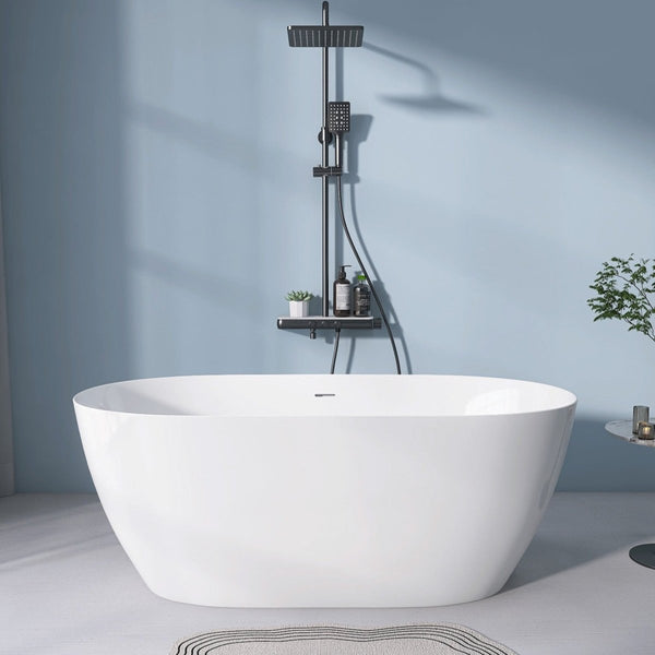 59"x29" Acrylic Bathtub Oval Shape Soaking Tub, Adjustable Freestanding Gloss White