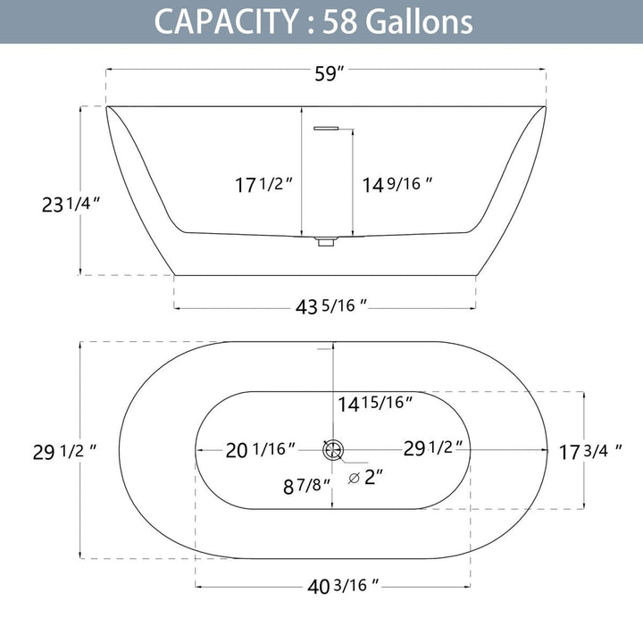 59"x29" Acrylic Bathtub Gloss White Oval Shape Soaking Tub - Modland