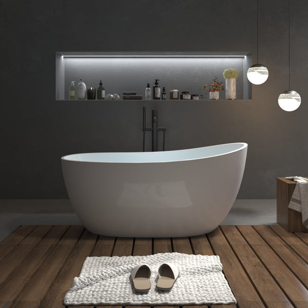 59"x29" Bathtub Acrylic Free Standing Tub Oval Shape Soaking Tub, Adjustable Freestanding Gloss White