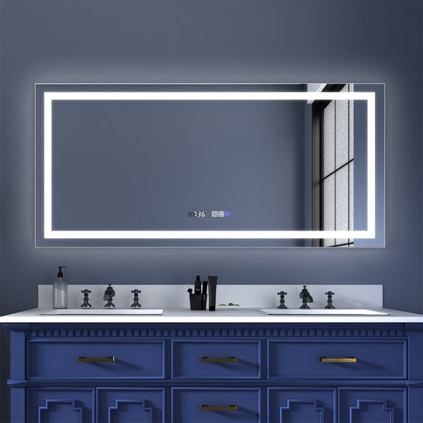 60" W x 28" H Bathroom Light Mirror Fahrenheit Anti Fog with Clock Mirror