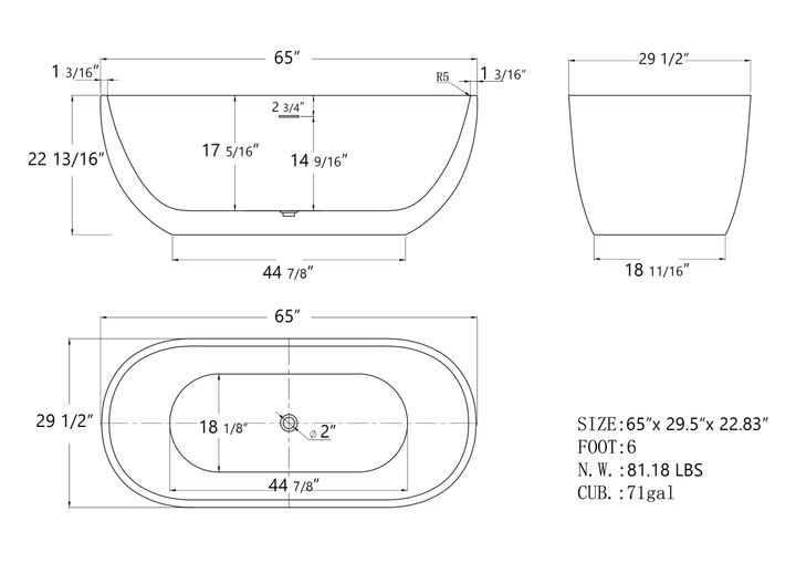 65"x29" Modland Acrylic Oval Soaking Freestanding Bathtub - Modland