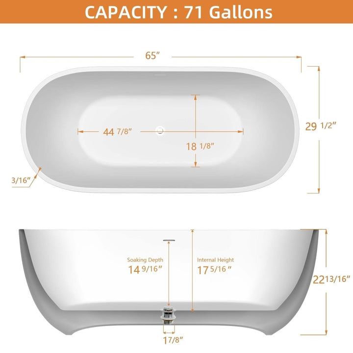 65"x29" Modland Acrylic Oval Soaking Freestanding Bathtub - Modland