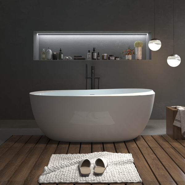 67"x29" Acrylic Free Standing Tub Classic Oval Shape Soaking Tub, Adjustable Freestanding Bathtub Gloss White