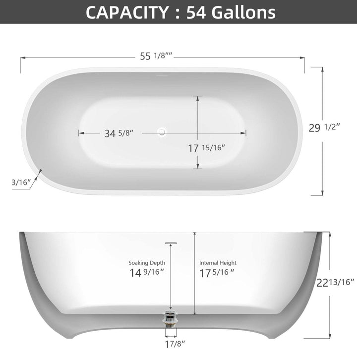 55"x29" Gloss Acrylic Oval Freestanding Soaking Bathtub - Modland