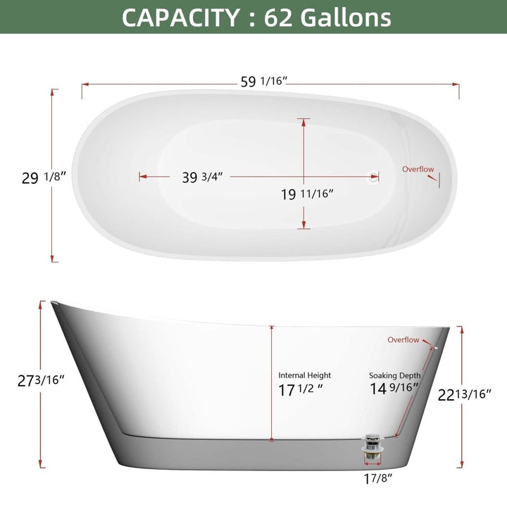 59"x29" Black Acrylic Oval Soaking Freestanding Bathtub - Modland