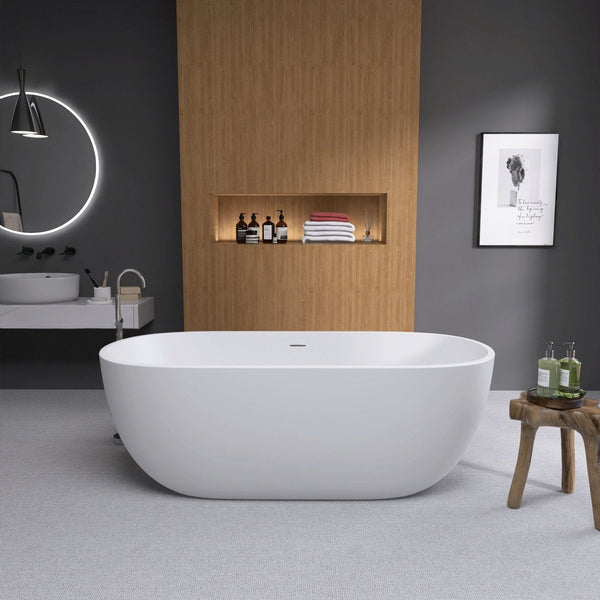 Bathtub 65"x29" Acrylic Classic Oval Shape Soaking Tub, Adjustable Freestanding Matte White