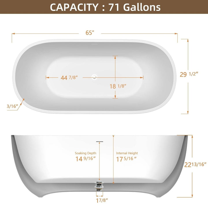 65"x29" Acrylic Matte White Oval Soaking Freestanding Bathtub - Modland