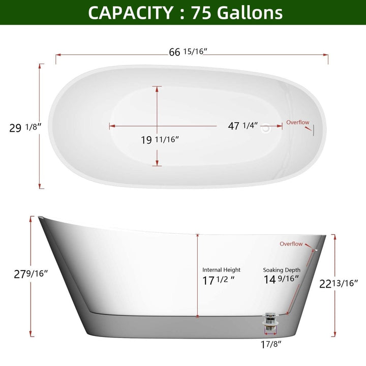 66"x29" Gloss White Acrylic Oval Soaking Freestanding Tub - Modland