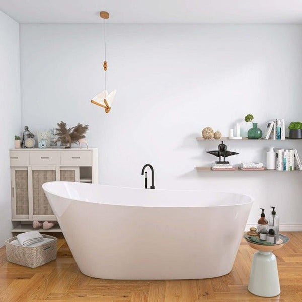 Bathtub 66"x29" Acrylic Free Standing Tub Classic Oval Shape Soaking Tub, Adjustable Freestanding Gloss White
