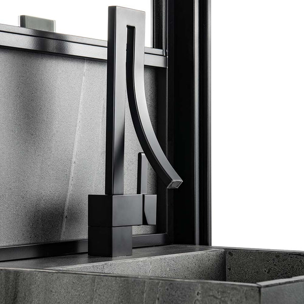 Matte black waterfall faucet installed without water flow