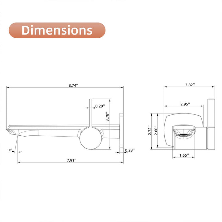 Technical dimensions of rose gold faucet with detailed measurements.