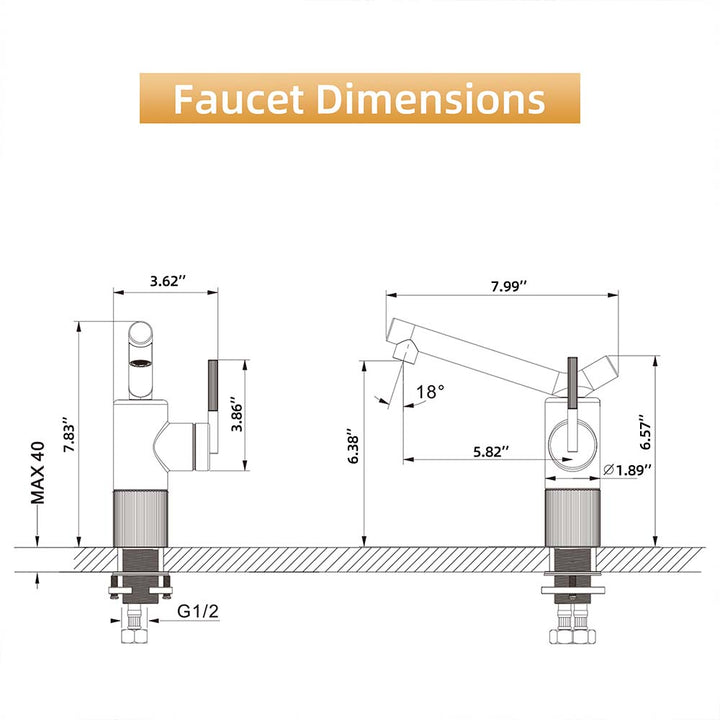 Technical drawing of faucet dimensions and installation measurements