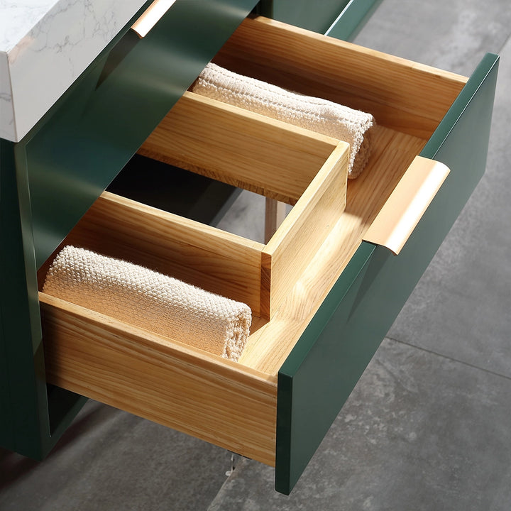 48 inch Gucci Green floating bath vanity double sink drawer detail