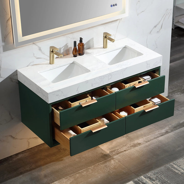 48 inch Gucci Green floating bath vanity double sink drawers open
