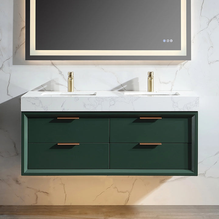 Dual sink marble top vanity overhead view