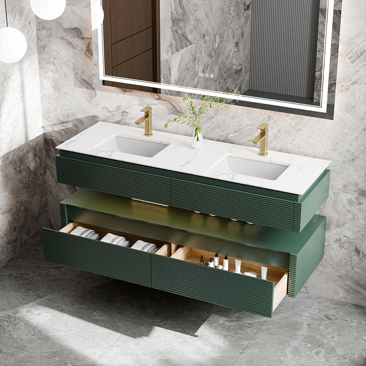 Floating green double sink bathroom vanity with open storage drawers