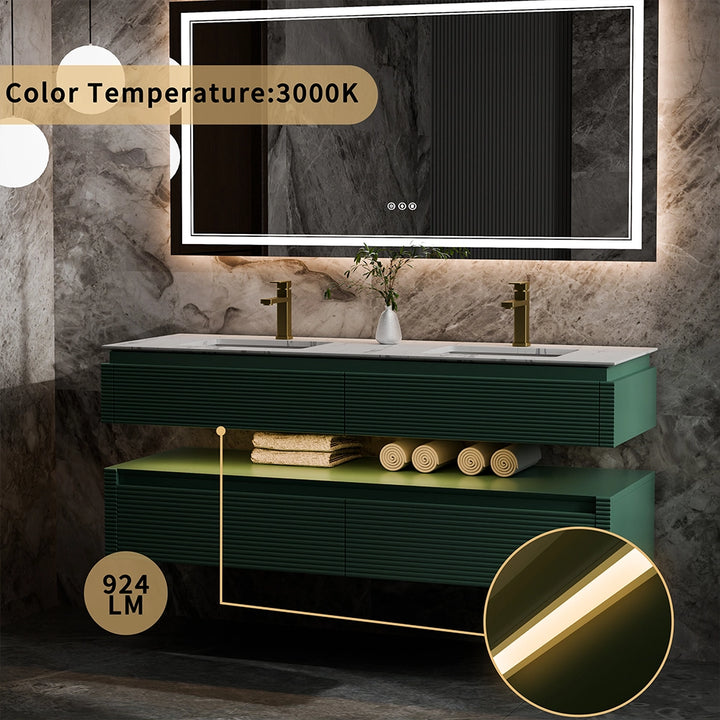 Floating bathroom vanity with LED ambient lighting and dual sinks