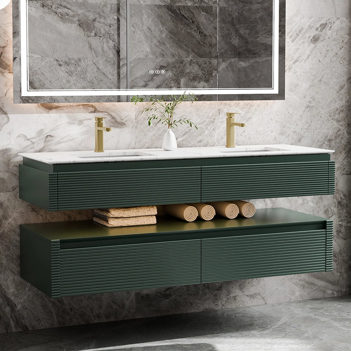 Modern floating bathroom vanity with double sinks in green finish