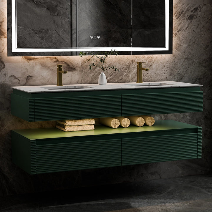 Modern green floating double sink bathroom vanity with storage shelf