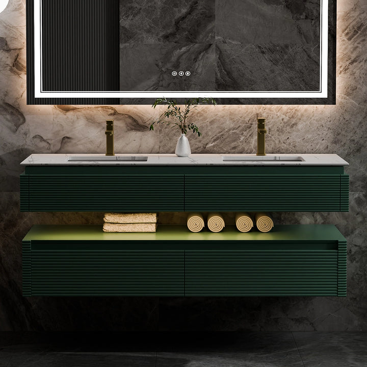 Modern floating double sink bathroom vanity with green cabinets