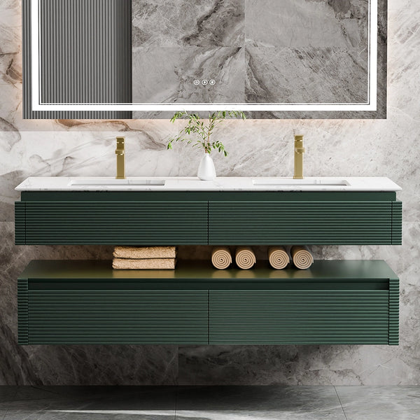 Modern floating double sink bathroom vanity with marble top