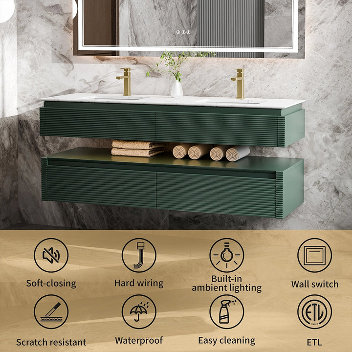 Modern floating green bathroom vanity with double sinks and ambient lighting