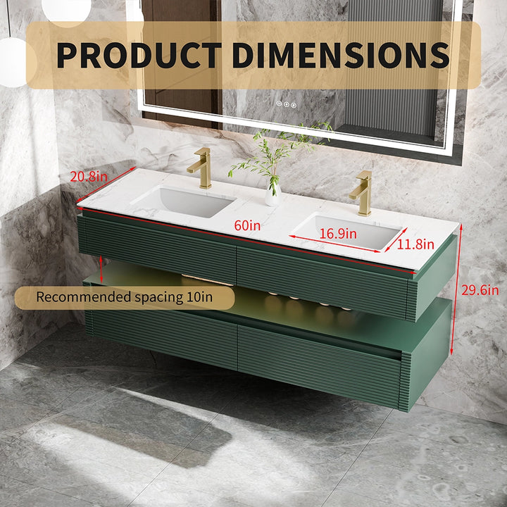 Floating bathroom vanity product dimensions with double sink layout