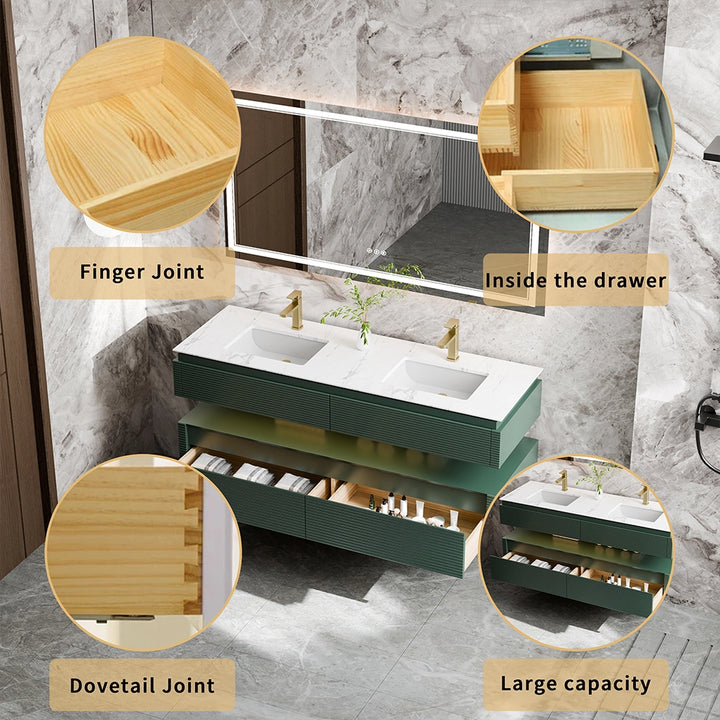 Floating bathroom vanity storage details with finger and dovetail joints