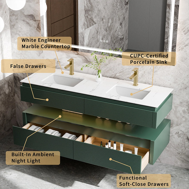 Floating bathroom vanity with drawers, LED night light and dual sinks