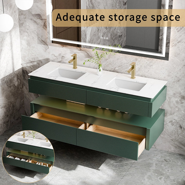 Floating bathroom vanity with open drawers showing ample storage space