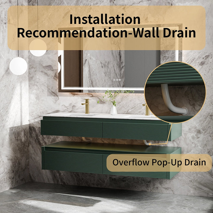 Floating bathroom vanity wall drain installation with overflow pop-up drain
