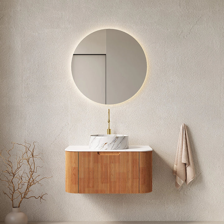 Floating oak luxury bathroom vanity round mirror