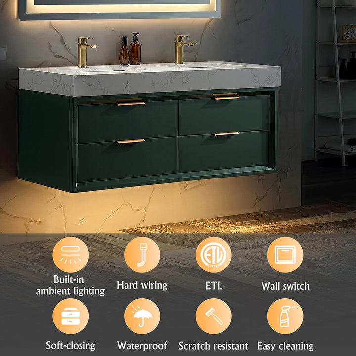 Gucci Green 48 inch floating vanity double sink with feature icons