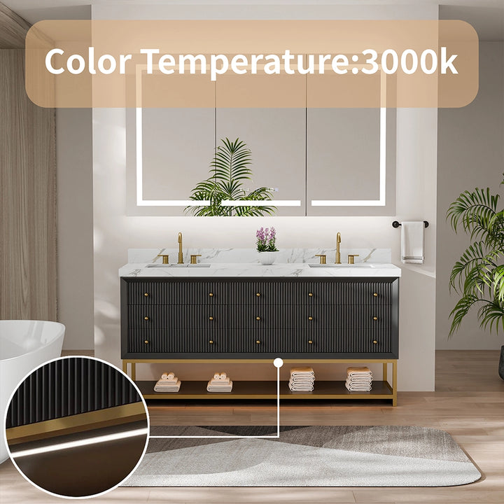 Fluted solid wood bathroom vanity with built-in 3000K warm lighting