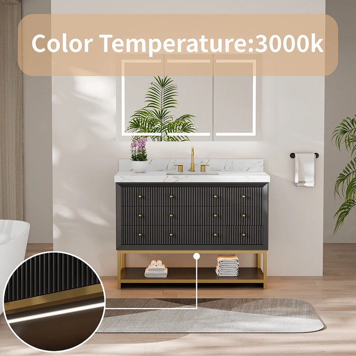 48 inch black fluted solid wood bathroom vanity with 3000k lighting