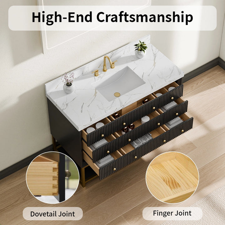 48 inch black fluted solid wood bathroom vanity craftsmanship detail