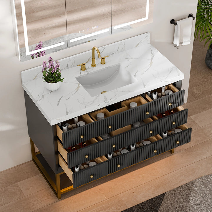 48 inch black fluted solid wood bathroom vanity with open drawers