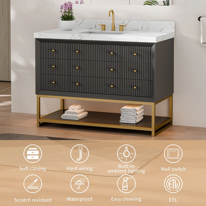 48 inch black fluted solid wood bathroom vanity with feature icons