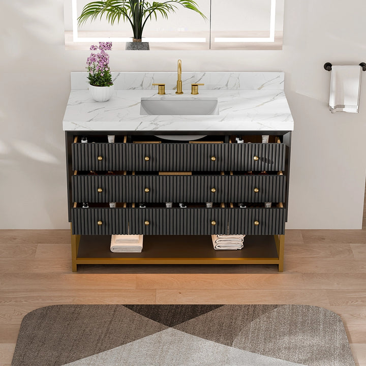 48 inch black fluted solid wood bathroom vanity with front drawers open