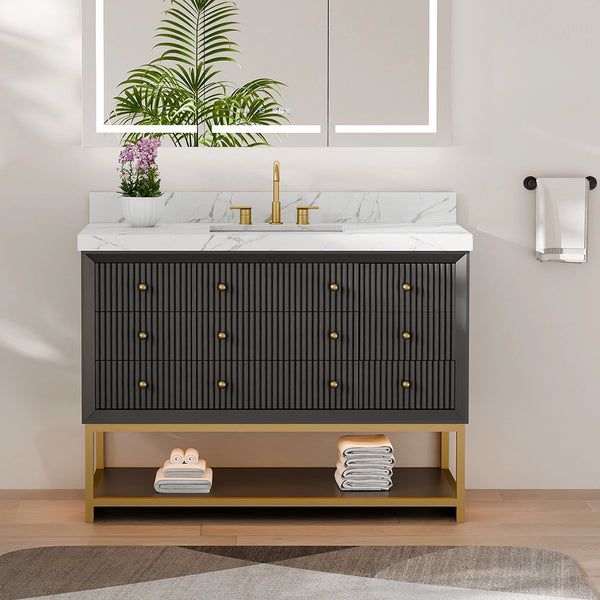 48 inch black fluted solid wood bathroom vanity front view