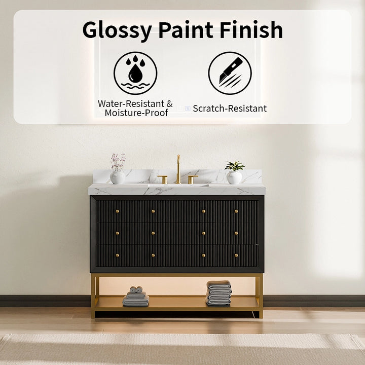 48 inch black fluted solid wood bathroom vanity glossy paint finish