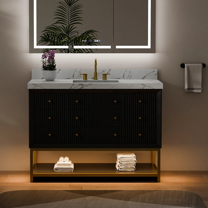 48 inch black fluted solid wood bathroom vanity with LED lighting