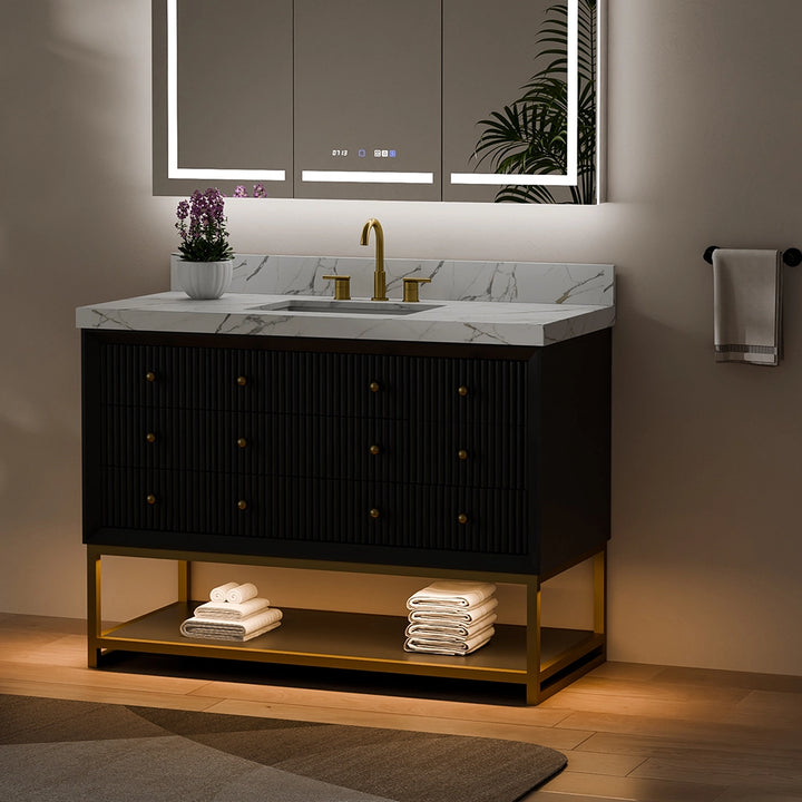 48 inch black fluted solid wood bathroom vanity night view