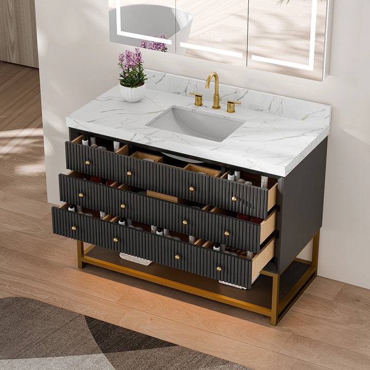 48 inch black fluted solid wood bathroom vanity with open drawers