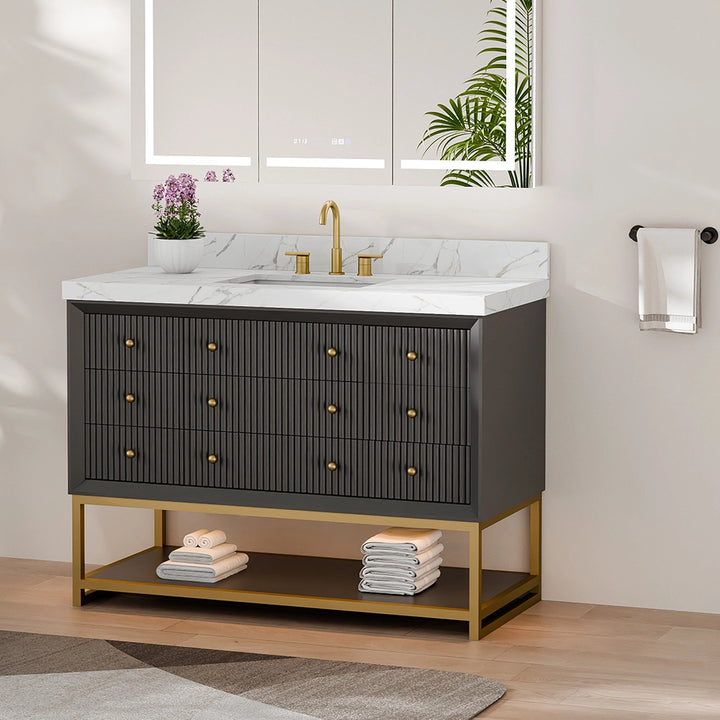 48 inch black fluted solid wood bathroom vanity side view