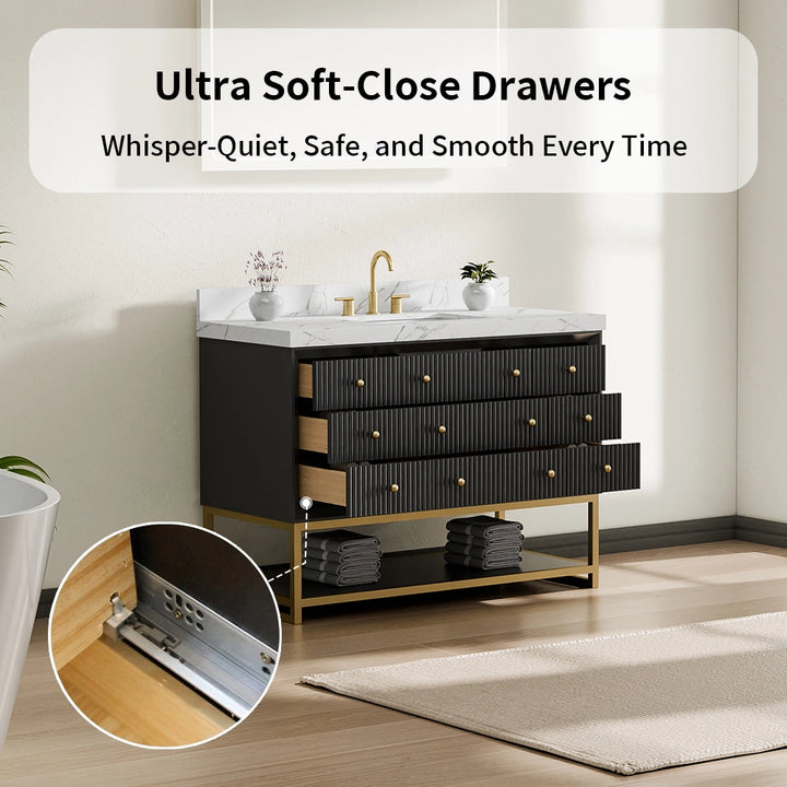 48 inch black fluted solid wood bathroom vanity with soft close drawers