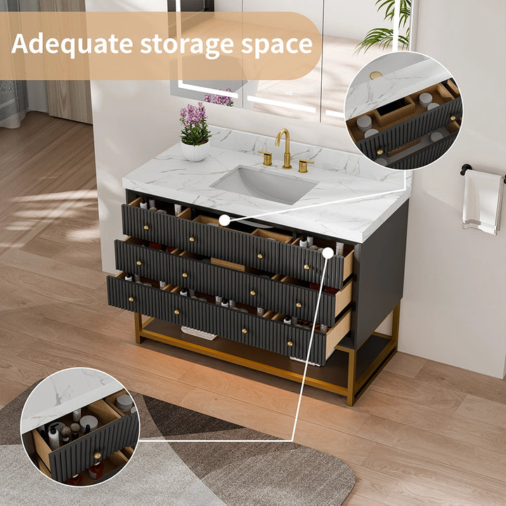 48 inch black fluted solid wood bathroom vanity with large storage space