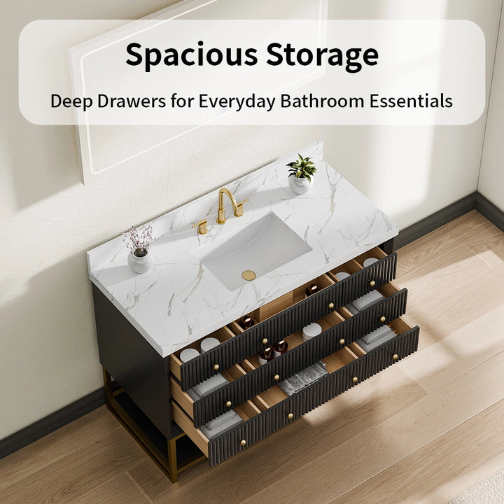 48 inch black fluted solid wood bathroom vanity with storage drawers